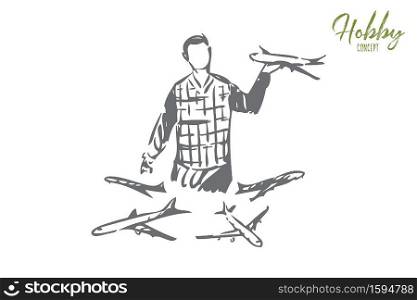 Collecting concept sketch. Gatheringplane models. Man holding miniature aircraft copy. Playing with toy airplanes. Gathering different kinds of planes in one collection. Isolated vector illustration. Collecting concept sketch. Isolated vector illustration