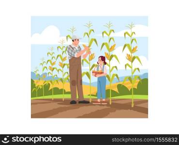 Collecting corn harvest semi flat vector illustration. Local production of fresh vegetable. Activity for family on ranch. Father and daughter 2D cartoon characters for commercial use. Collecting corn harvest semi flat vector illustration