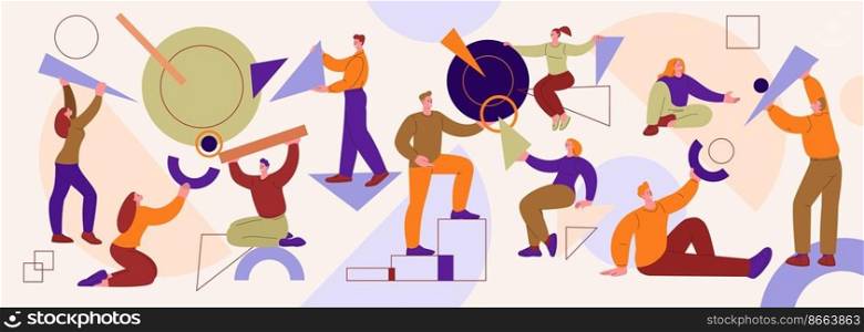 Collecting geometric shapes. Person organizing work and collect abstract figures with team. Business chaos, teamwork together kicky vector illustration. Geometric shape arrange. Collecting geometric shapes. Person organizing work and collect abstract figures with team. Business chaos, teamwork together kicky vector illustration