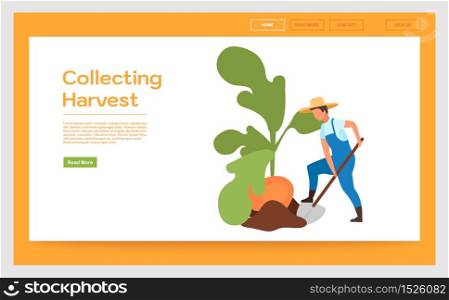 Collecting harvest landing page vector template. Vegetable crops cultivation website interface idea with flat illustrations. Eco products growing homepage layout. Web banner, webpage cartoon concept