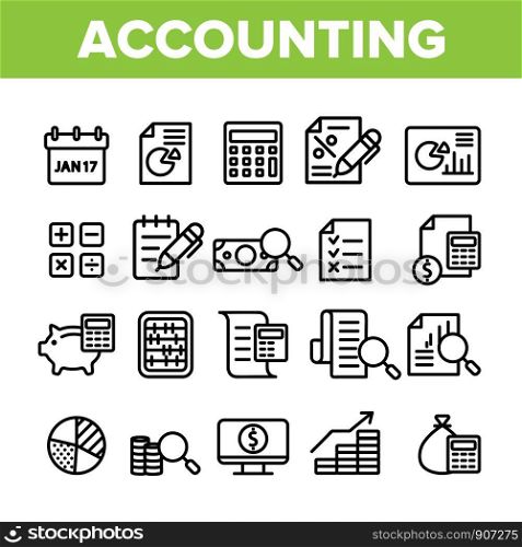 Collection Accounting Elements Vector Icons Set Thin Line. Magnifier With Money Bank Note And Report Or Register List, Coin On Monitor Accounting Linear Pictograms. Monochrome Contour Illustrations. Collection Accounting Elements Vector Icons Set