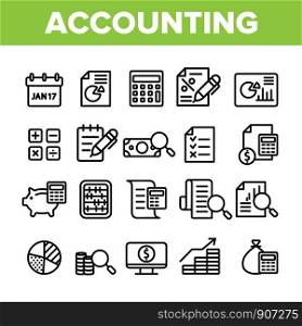 Collection Accounting Elements Vector Icons Set Thin Line. Magnifier With Money Bank Note And Report Or Register List, Coin On Monitor Accounting Linear Pictograms. Monochrome Contour Illustrations. Collection Accounting Elements Vector Icons Set