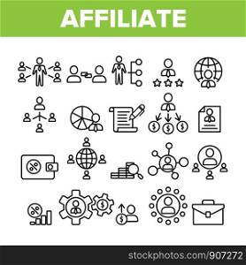 Collection Affiliate Elements Vector Icons Set Thin Line. Affiliate Marketing And Business, Management And Finance, Strategy And Planning Concept Linear Pictograms. Monochrome Contour Illustrations. Collection Affiliate Elements Vector Icons Set