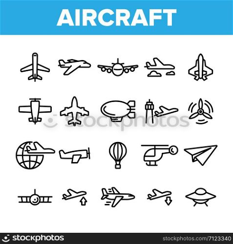 Collection Aircraft Elements Vector Icons Set Thin Line. Aircraft Commercial Air Transportation And Shipping Concept Linear Pictograms. Airplane And Helicopter Monochrome Contour Illustrations. Collection Aircraft Elements Vector Icons Set