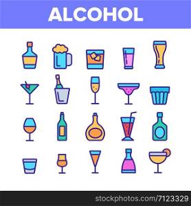 Collection Alcohol Elements Vector Icons Set Thin Line. Alcohol Beverage In Glass And Bottle Concept Linear Pictograms. Beer And Champagne, Wine And Whiskey Monochrome Contour Illustrations. Collection Alcohol Drink Elements Vector Icons Set