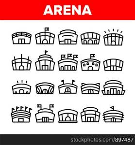 Collection Arena Buildings Sign Icons Set Vector Thin Line. Different Exterior Architecture Of Arena Stadium Linear Pictograms. Complex For Championship Games Monochrome Contour Illustrations. Collection Arena Buildings Sign Icons Set Vector