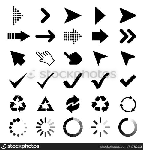 Collection Arrows, Cursor icons, Check marks, black Recycle and loading symbol. Arrow icons. Cursor vector icon. Recycle symbol. Loading icons. Eps10. Collection Arrows, Cursor icons, Check marks, black Recycle and loading symbol. Arrow icons. Cursor vector icon. Recycle symbol. Loading icons