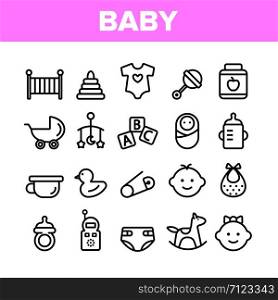Collection Baby Toys And Elements Vector Icons Set Thin Line. Character Male And Female Baby Infant, Pacifier And Carriage Concept Linear Pictograms. Monochrome Contour Illustrations. Collection Baby Toys And Elements Vector Icons Set