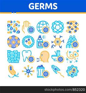 Collection Bacteria Germs Vector Sign Icons Set. Unhealthy Tooth And Dirty Hands, Sternutation Character And Illness People With Germs Linear Pictograms. Microbe Types Color Contour Illustrations. Collection Bacteria Germs Vector Sign Icons Set