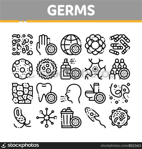 Collection Bacteria Germs Vector Sign Icons Set. Unhealthy Tooth And Dirty Hands, Sternutation Character And Illness People With Germs Linear Pictograms. Microbe Types Black Contour Illustrations. Collection Bacteria Germs Vector Sign Icons Set
