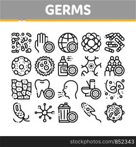 Collection Bacteria Germs Vector Sign Icons Set. Unhealthy Tooth And Dirty Hands, Sternutation Character And Illness People With Germs Linear Pictograms. Microbe Types Black Contour Illustrations. Collection Bacteria Germs Vector Sign Icons Set