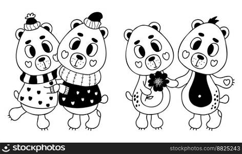Collection bears in love. Couple cute bears hugging in romantic winter clothes and pair animals with flower. Vector illustration in doodle style. isolated funny cute characters teddy bear