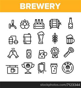 Collection Beer Brewery Elements Vector Icons Set Thin Line. Alcohol Foam Drink Brewery Concept Linear Pictograms. Barrel And Bottle, Faucet And Keg Monochrome Contour Illustrations. Collection Beer Brewery Elements Vector Icons Set