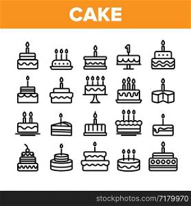 Collection Birthday Cake Sign Icons Set Vector Thin Line. Sweet Dessert Cream Cake And Pie With Candles Linear Pictograms. Anniversary Celebration Delicious Food Monochrome Contour Illustrations. Collection Birthday Cake Sign Icons Set Vector