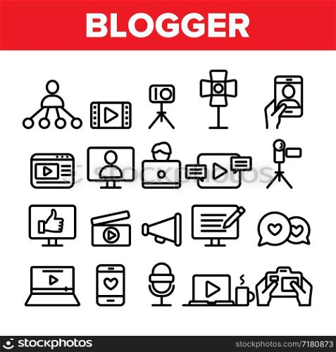 Collection Blogger Thin Line Icons Set Vector. Video Camera And Film File, Microphone And Smartphone, Computer Monitor And Laptop Blogger Device Linear Pictograms. Monochrome Contour Illustrations. Collection Blogger Thin Line Icons Set Vector