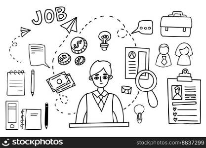 Collection business doodle. Guy office worker with arrows, money, coins and resume. concept of planning, strategy, ideas, job search. Isolated vector Outline drawings. Male business character