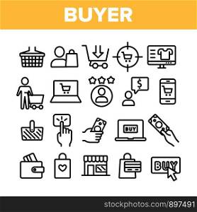 Collection Buyer Elements Signs Icons Set Vector Thin Line. Internet Supermarket On Smartphone And Computer Laptop Monitor And Buyer Shopping Basket Linear Pictograms. Monochrome Contour Illustrations. Collection Buyer Elements Signs Icons Set Vector