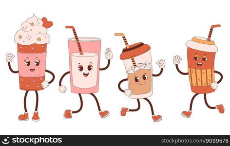 Collection cartoon characters coffee. Cute takeaway coffee in paper cups. Vector illustration. Isolated funny retro drinks for design, decor, postcards, menu