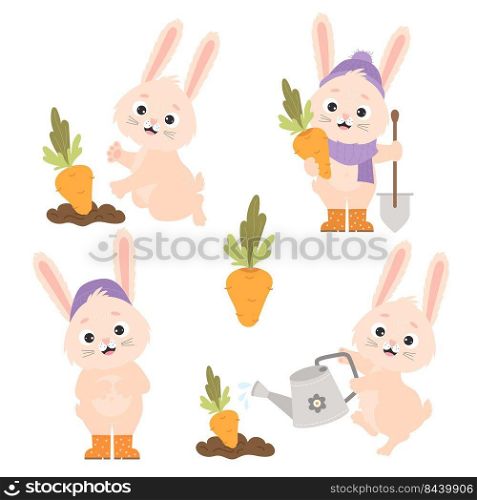 Collection cartoon funny rabbits and carrots. Cute bunny farmer waters carrots from watering can in garden bed, harvests and stands with shovel. Vector illustration for postcards, design and decor