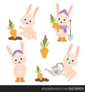 Collection cartoon funny rabbits and carrots. Cute bunny farmer waters carrots from watering can in garden bed, harvests and stands with shovel. Vector illustration for postcards, design and decor
