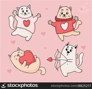 Collection cats in love. Cute cupid kitten with arrow and happy pets with heart. Vector illustration. isolated romantic animals for design, decor, printing, cards, valentines
