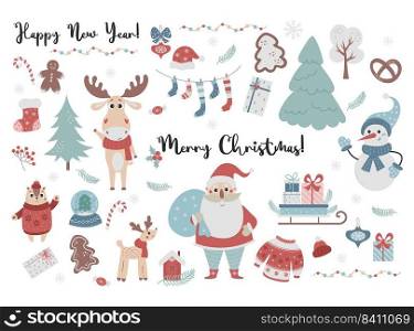 Collection Christmas, cute cartoon characters Santa Claus, snowman and funny animals deer and chipmunk, tree, socks, sleigh with gifts and Christmas sweater with gingerbread. Vector isolated elements