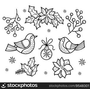 Collection Christmas decor. Pair birds, Christmas ball, branches with berries, poinsettia flowers. Isolated Vector Linear hand drawing. Xmas design for holiday cards, coloring and decorating