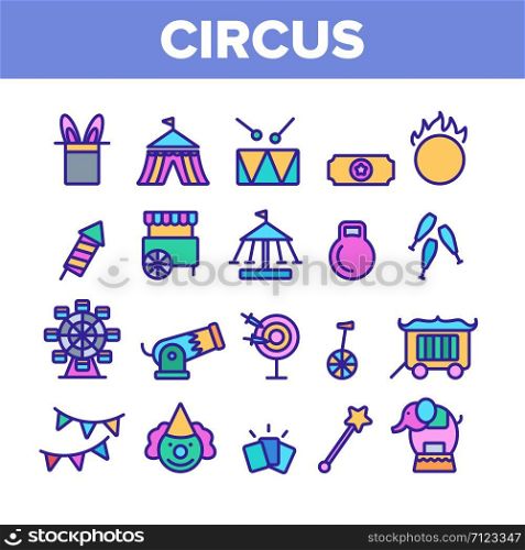 Collection Circus Show Elements Vector Icons Set Thin Line. Character Clown And Circus Equipments, Attraction And Elephant Concept Linear Pictograms. Monochrome Contour Illustrations. Collection Circus Show Elements Vector Icons Set