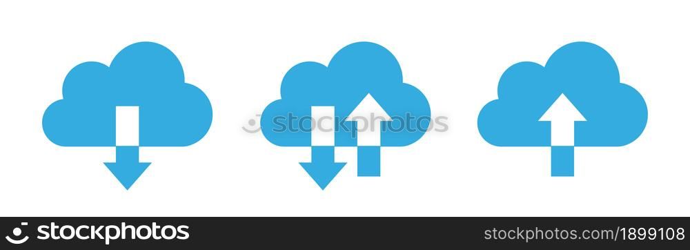 Collection cloud with arrow flat icon. Upload and download cloud arrow vector symbols. Clouds with arrows up and down isolated blue signs. Vector illustration.. Collection cloud with arrow flat icon. Upload and download cloud arrow vector symbols.