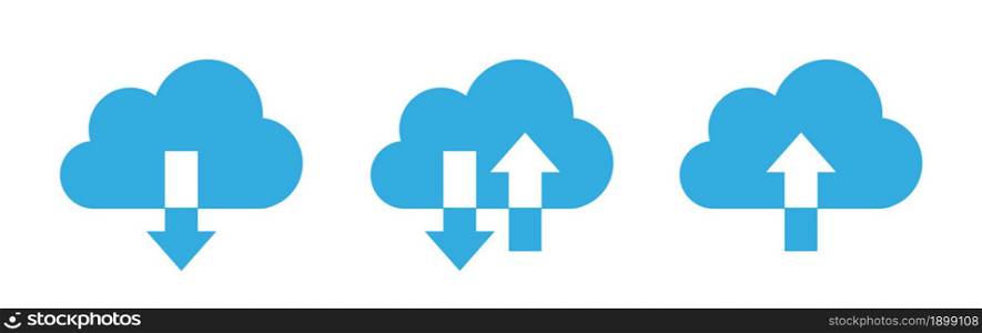 Collection cloud with arrow flat icon. Upload and download cloud arrow vector symbols. Clouds with arrows up and down isolated blue signs. Vector illustration.. Collection cloud with arrow flat icon. Upload and download cloud arrow vector symbols.