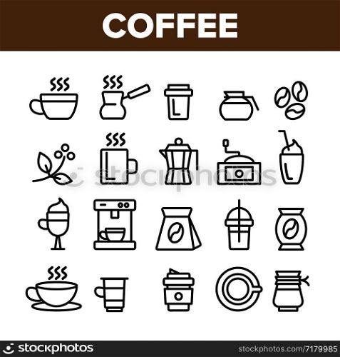 Collection Coffee Equipment Sign Icons Set Vector Thin Line. Coffee And Latte Cup, Beverage Machine And Brewing Pot Linear Pictograms. Morning Energetic Drink Monochrome Contour Illustrations. Collection Coffee Equipment Sign Icons Set Vector