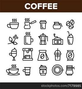 Collection Coffee Equipment Sign Icons Set Vector Thin Line. Coffee And Latte Cup, Beverage Machine And Brewing Pot Linear Pictograms. Morning Energetic Drink Monochrome Contour Illustrations. Collection Coffee Equipment Sign Icons Set Vector