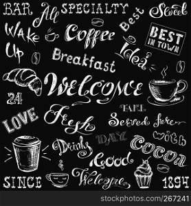 Collection - Coffee lettering and elements,hand drawn white on blackboard, stock vector illustration. Collection - Coffee lettering and elements,hand drawn white on b