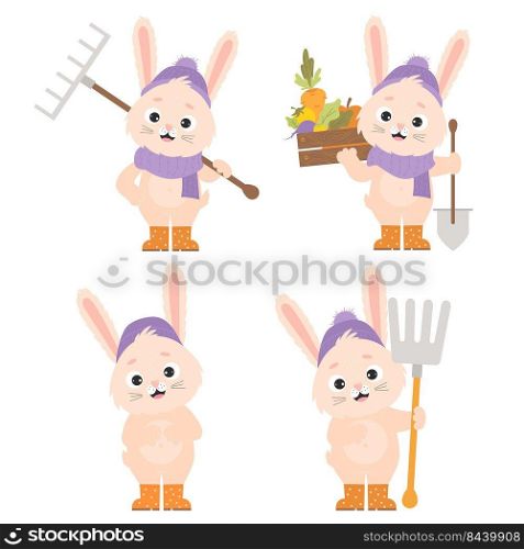 Collection cute cartoon characters of rabbit farmers. Happy bunnies in hat and rubber boots with rake, pitchfork and shovel and vegetable harvest wooden box. Vector illustration