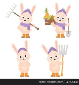 Collection cute cartoon characters of rabbit farmers. Happy bunnies in hat and rubber boots with rake, pitchfork and shovel and vegetable harvest wooden box. Vector illustration
