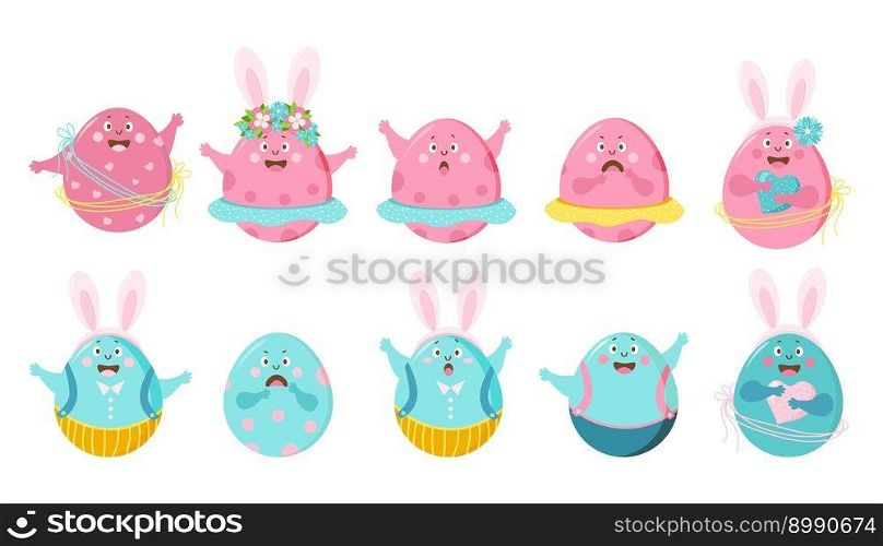 Collection cute Easter eggs with different emotions. 10 funny characters. Vector illustration. Isolated. For design Happy Easter