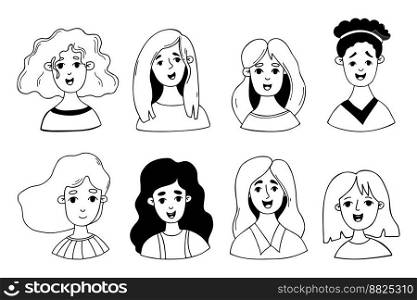 Collection cute female cartoon faces. Isolated vector doodle faces portraits of women and girls for use as icons, avatars for social networks, design