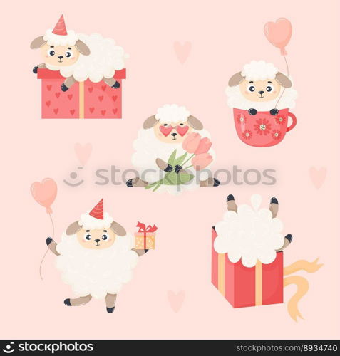 Collection cute festive sheep with gifts, balloons and bouquet of tulips. Vector illustration. Isolated cartoon romantic farm animals for kids collection, design, decor, holiday cards and valentines