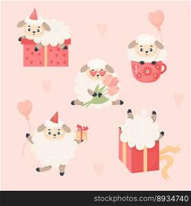 Collection cute festive sheep with gifts, balloons and bouquet of tulips. Vector illustration. Isolated cartoon romantic farm animals for kids collection, design, decor, holiday cards and valentines