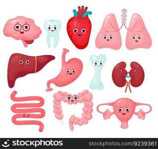 Collection cute human cartoon organs. Funny characters organs isolated on white background. Vector illustration. Anatomy concept