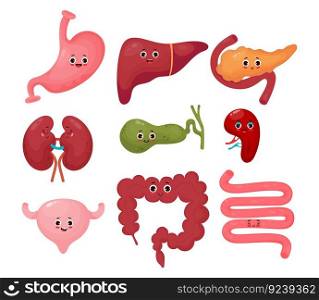 Collection cute human cartoon organs. Gastrointestinal tract. Vector flat cartoon character illustration design. Anatomy concept. Funny characters organs isolated on white background