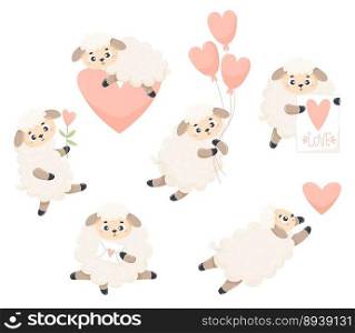 Collection cute in love sheep with hearts, love letter and balloons. Vector illustration. Isolated cartoon romantic farm animals for kids collection, design, decor, holiday cards and valentines