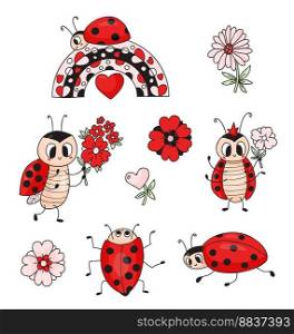 Collection cute  ladybug. Insect ladybird with flowers and rainbow. Vector isolated drawings for kids collection, design, print
