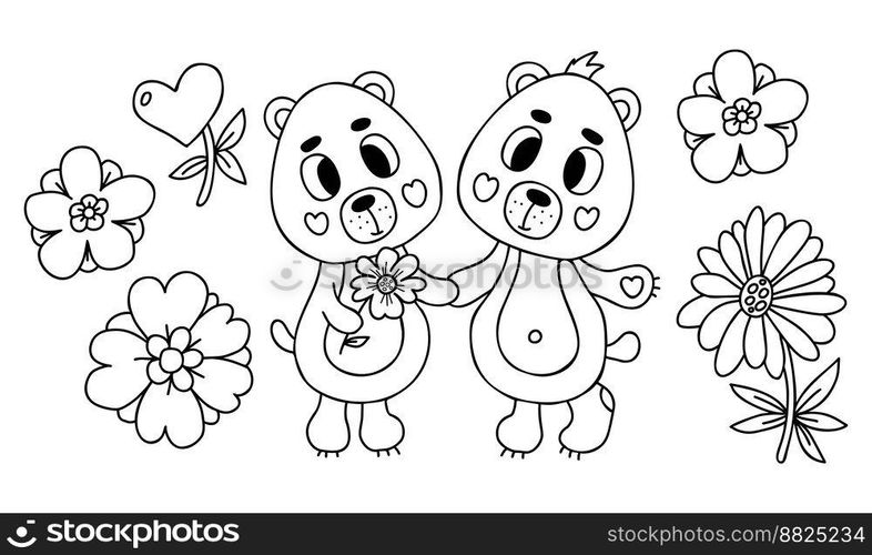 Collection cute pair in love bears with flowers. Vector illustration in doodle style. Isolate outline drawings. Funny cute animal characters