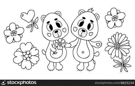 Collection cute pair in love bears with flowers. Vector illustration in doodle style. Isolate outline drawings. Funny cute animal characters