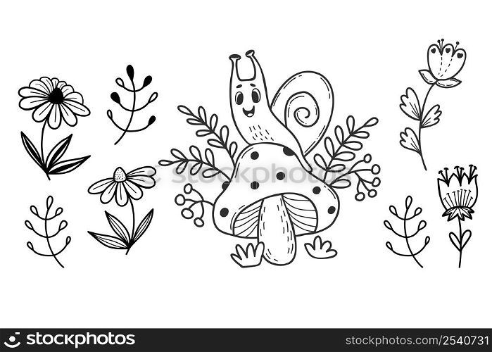 Collection Cute snail and decorative flowers, daisies and twigs. Linear hand drawing. Vector illustration. Isolated elements Funny snail clam and flowers for design and decor