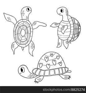 Collection cute turtles. Vector illustration. Isolate outline drawing funny animals. For design, decor, cards, print, coloring page, cards, kids collection