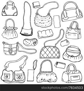 Collection design women&#39;s handbags. Hand drawn vector isolated. Set 1.