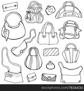 Collection design women&#39;s handbags. Hand drawn vector isolated. Set 3