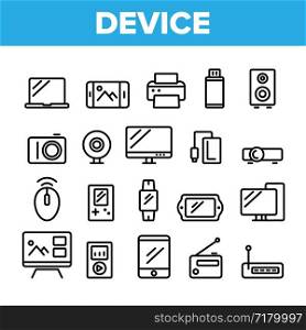 Collection Different Devices Sign Icons Set Vector Thin Line. Laptop And Computer, Smartphone And Music Dynamic, Tv And Photo Video Camera Devices Linear Pictograms. Monochrome Contour Illustrations. Collection Different Devices Sign Icons Set Vector